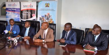Cabinet Secretary for Ministry of Information, Communications and Technology Mr. Joe Mucheru (Second left) during a press conference on Wednesday November 2 2016 at his Teleposta Nairobi office. Looking on is Charle Kerich, Media Council of Kenya Chairman (far left), Sammy Itemere, Principal Secretary, Ministry of Information, Communications and Technology (Centre), Dr. Haron Mwangi, Media Council of Kenya CEO and Timothy Kariuki, Chairman, Complaints Commission.
